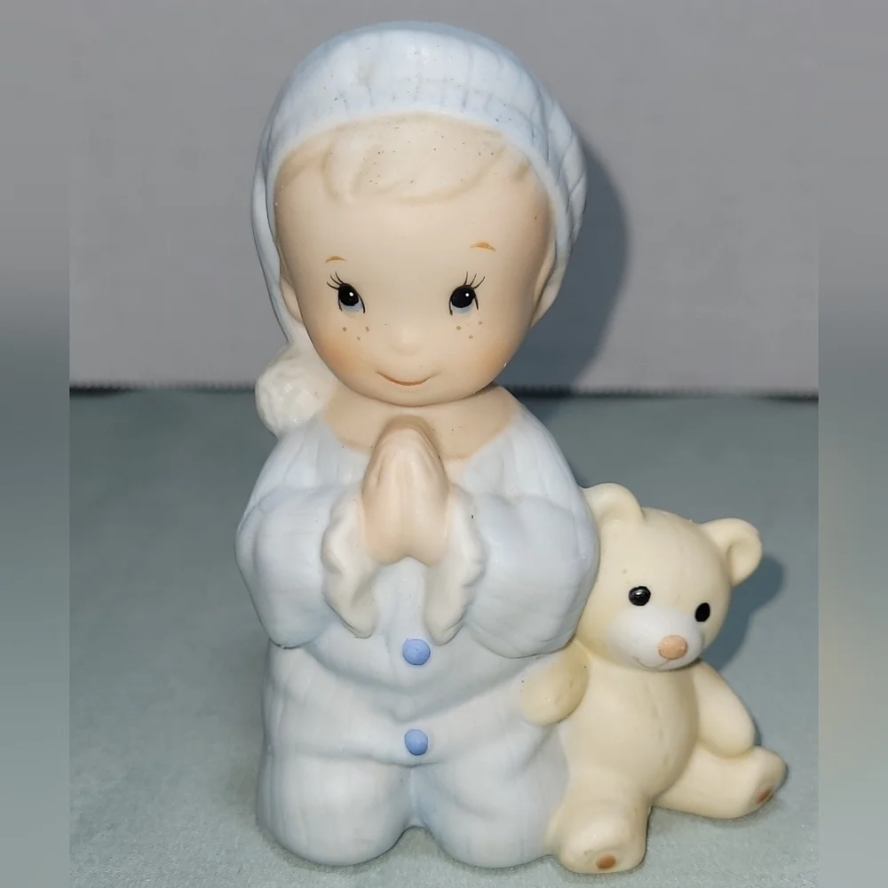 Vintage Home Interiors Bedtime Prayer Child & Teddy Bear Figurine HOMCO Blue Boy